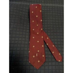 Yves Saint Laurent YSL Mens Silk Tie Embroidered Logo Vintage Luxury Red Italy